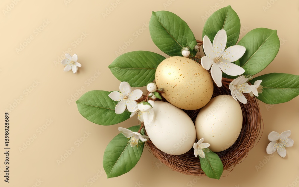 Three colorful eggs rest in a nest surrounded by vibrant flowers and green leaves. Three colorful eggs rest in a nest surrounded by vibrant flowers and green leaves.