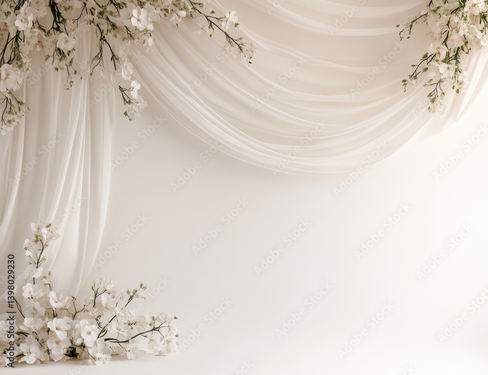 Elegant, minimalist backdrop with flowing fabric and delicate floral accents Elegant, minimalist backdrop with flowing fabric and delicate floral accents