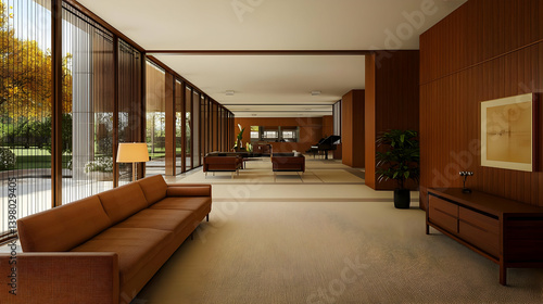Mid Century Modern Interior Hallway With Brown Sofa And Wooden Furniture