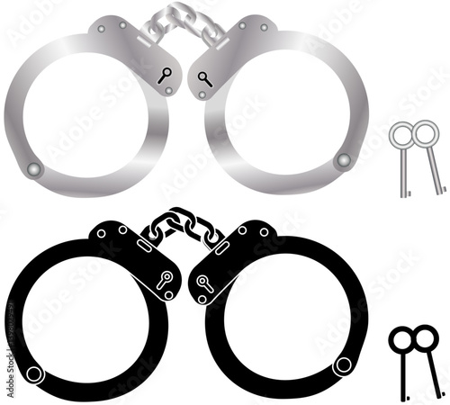 Set of Silver and Black Handcuffs with keys isolated on a transparent background, Crime or theft concept graphic element