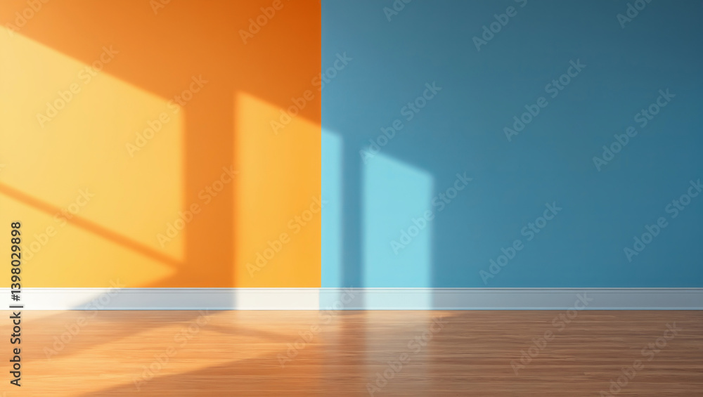 background with blurred shadow on color wall and wooden floor