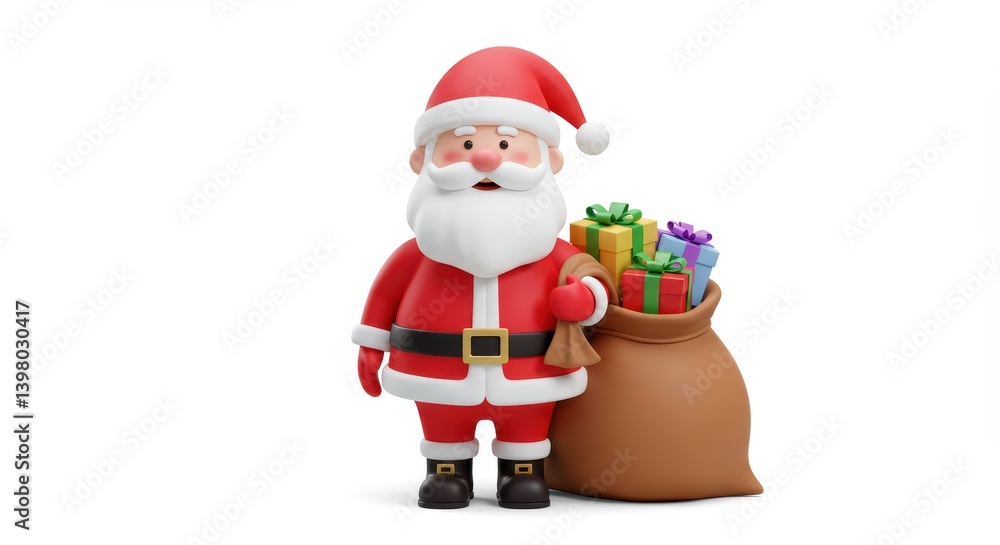 Santa Claus Cartoon Holding Bag of Christmas Gifts on White Background Santa Claus Cartoon Holding Bag of Christmas Gifts on White Background