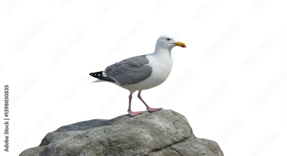 Fototapeta premium Seagull Standing Tall on Rock by the Sea Observation Scene