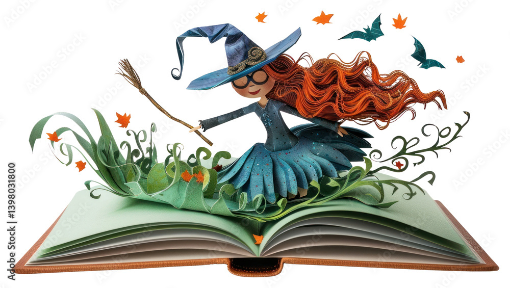 Obraz premium PNG Witch riding a broom book witch magic.
