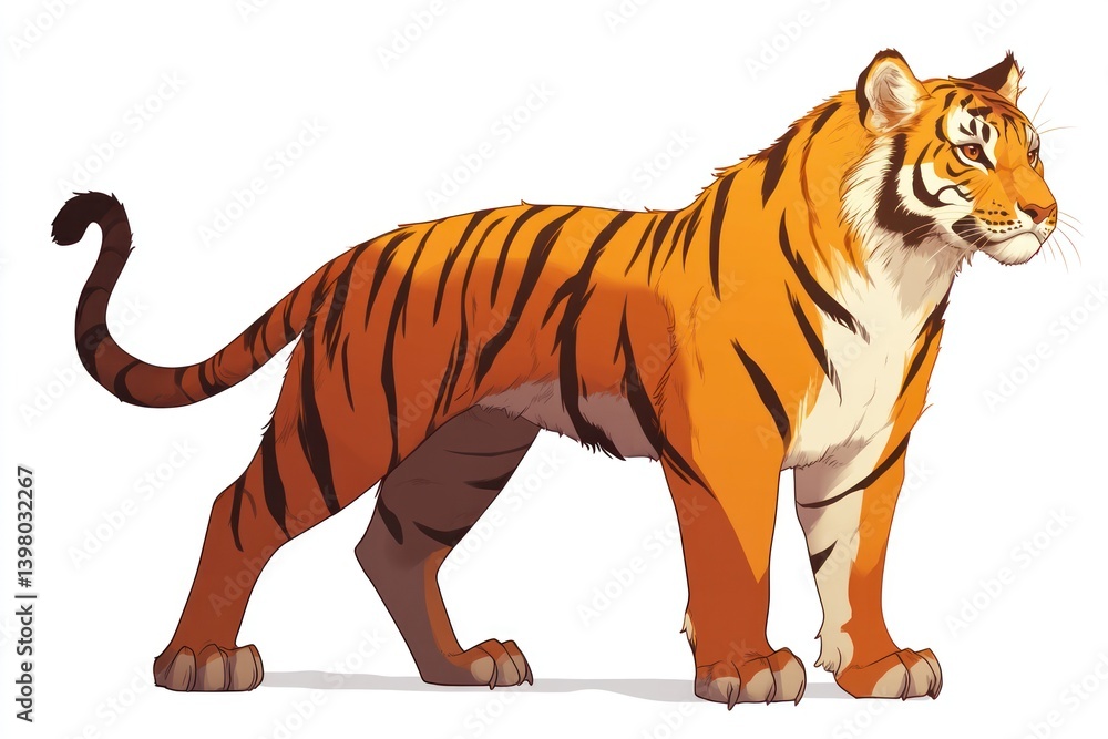 Obraz premium Majestic tiger standing, wildlife, nature, white background, zoo animal, illustration