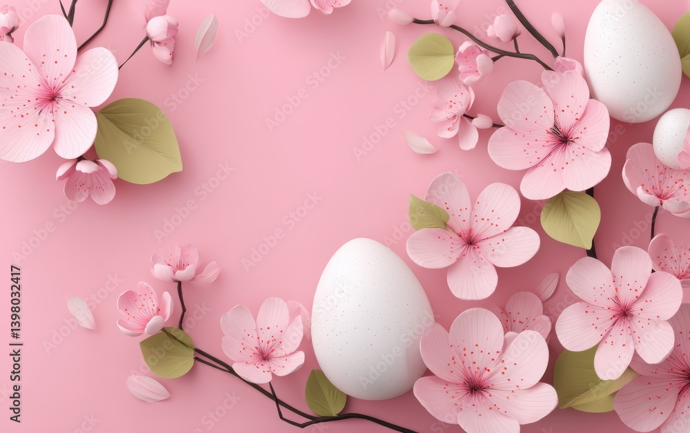 A white egg rests on a tree branch adorned with pink flowers, symbolizing Easter's renewal. A white egg rests on a tree branch adorned with pink flowers, symbolizing Easter's renewal.