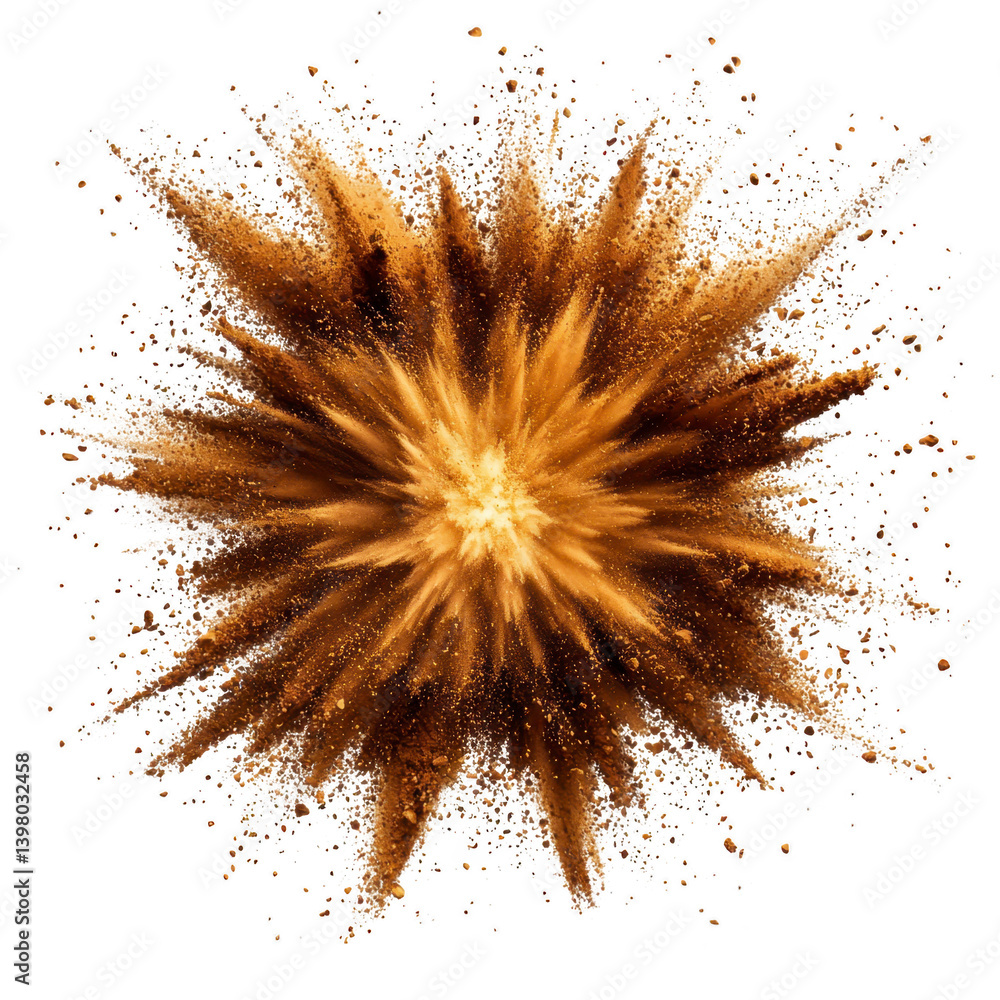 dynamic explosion of brown and beige powder creates starburst effect against transparency background, capturing sense of energy and motion. particles radiate outward, forming sharp, spiky patterns dynamic explosion of brown and beige powder creates starburst effect against transparency background, capturing sense of energy and motion. particles radiate outward, forming sharp, spiky patterns