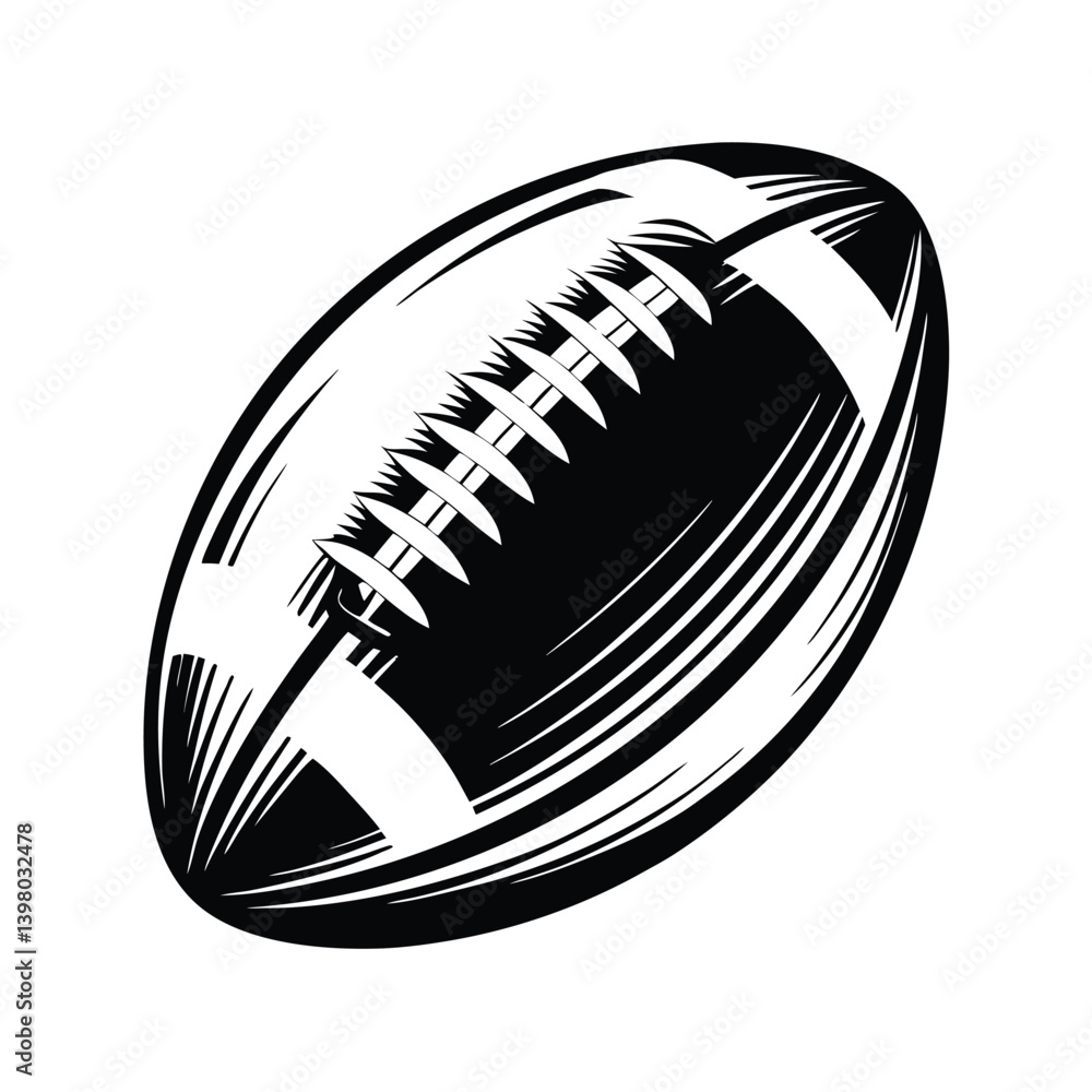 Stylized American Football Black and White Silhouette with Laces and Textured Pattern Stylized American Football Black and White Silhouette with Laces and Textured Pattern