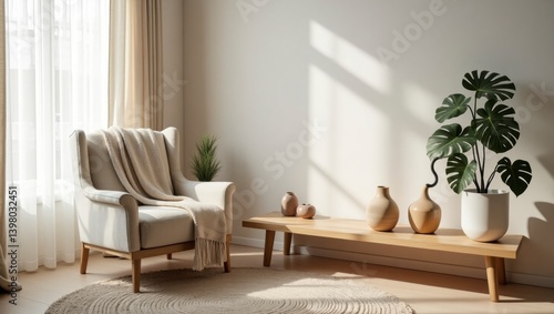 Cozy scandinavian living room with natural ambiance featuring soft textures, warm lighting, and minimalist decor for a relaxing and inviting environment