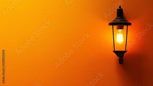 Illuminated wall lamp on orange background, copy space