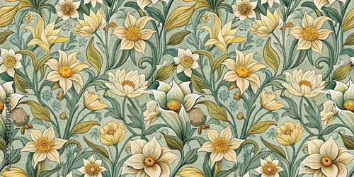 Elegant floral pattern featuring delicate yellow and white flowers on a soft green background.