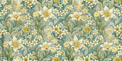 Elegant floral pattern featuring white lilies and yellow flowers on a teal background.