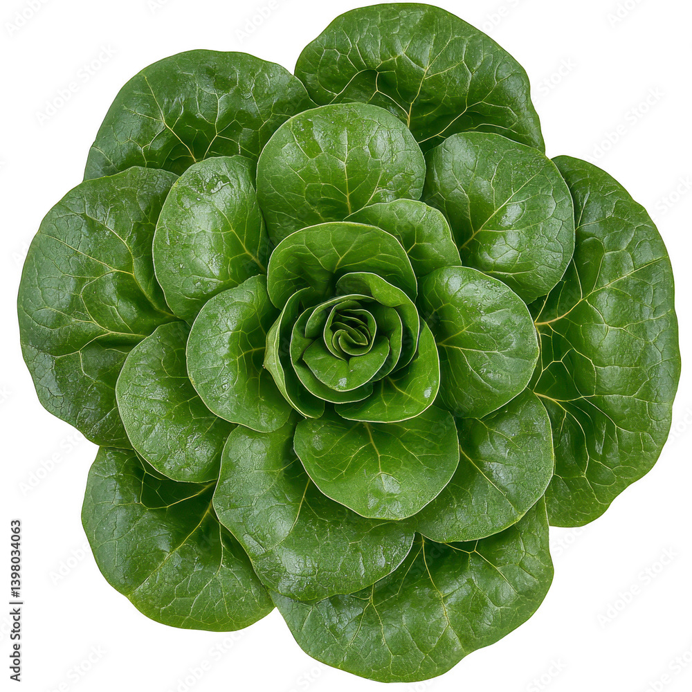 Fototapeta premium vibrant green rosette of fresh butterhead lettuce, showcasing its crisp and tender leaves in symmetrical pattern, perfect for salads and healthy meals