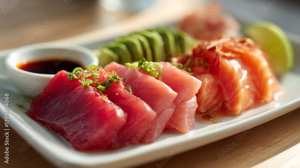 Delicious fresh sushi platter with tuna salmon and avocado for healthy japanese food experience Delicious fresh sushi platter with tuna salmon and avocado for healthy japanese food experience