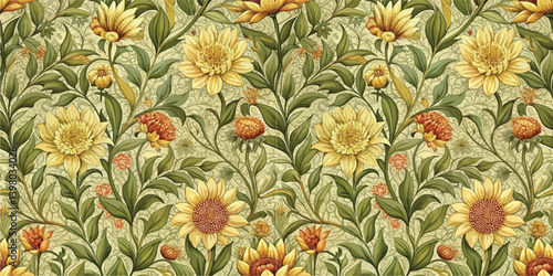 Vibrant floral pattern featuring sunflowers and intricate foliage.