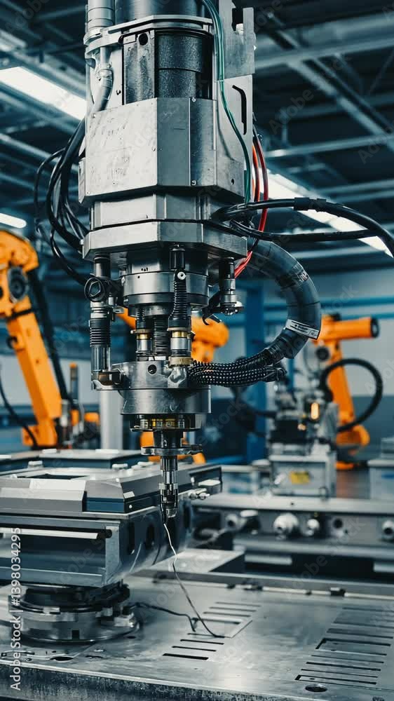 Automated robotic arm performing a manufacturing process, working on a metal part in a modern factory with other industrial robots. Automated robotic arm performing a manufacturing process, working on a metal part in a modern factory with other industrial robots.