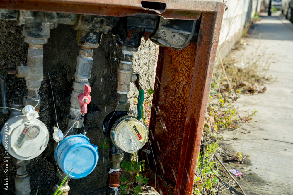 Water meters in a rusty cabinet outside.