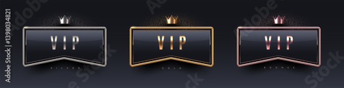 3d VIP sign with metal frame and crown. Gold, silver and bronze metallic luxury sign on black background. Vector set.