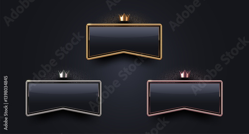 3d luxury sign with metal frame and crown. Gold, silver and bronze metallic premium sign on black background. Vector set.