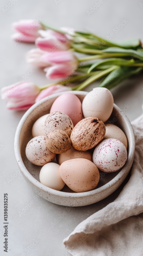 Colorful eggs and pink tulips arranged in a bowl on a table for Easter celebration. Colorful eggs and pink tulips arranged in a bowl on a table for Easter celebration.