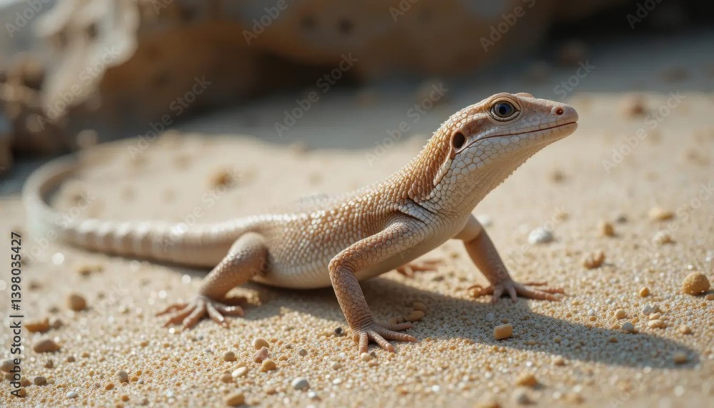 Pale Desert Lizard on Sandy Ground, Basking in Sunlight Pale Desert Lizard on Sandy Ground, Basking in Sunlight
