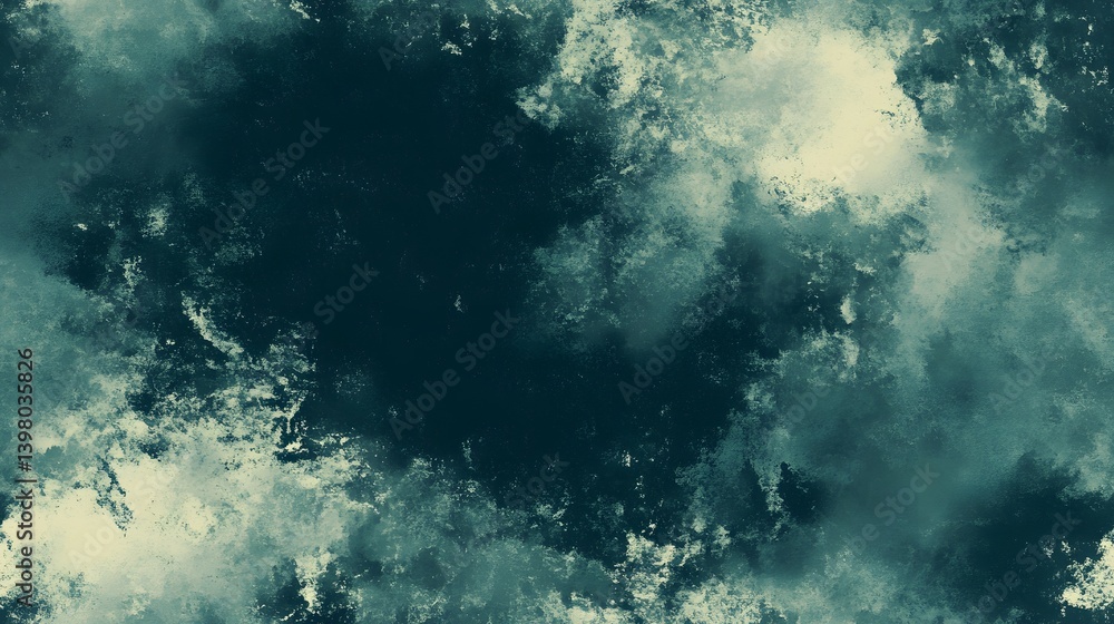 A muted teal and cream abstract design with textured splashes. A muted teal and cream abstract design with textured splashes.