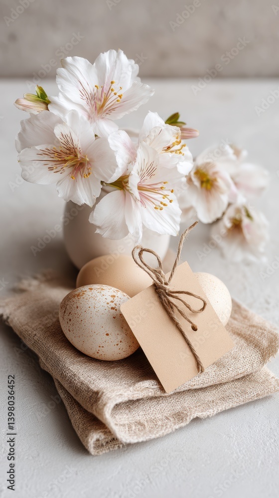 A colorful vase of flowers with a festive tag, perfect for celebrating Easter joyfully. A colorful vase of flowers with a festive tag, perfect for celebrating Easter joyfully.