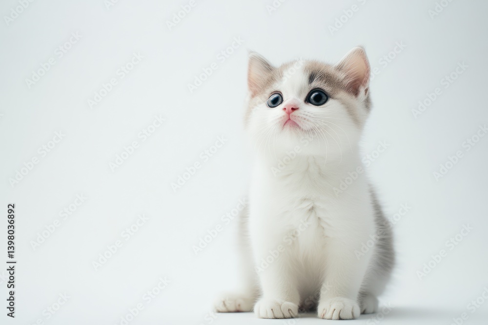 Obraz premium Cute kitten sitting, white background, curious gaze, pet adoption