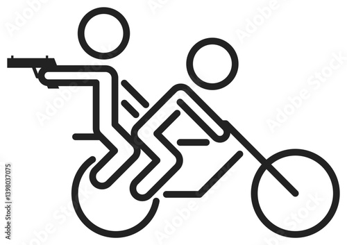robbery on wheels clip art icon symbol, thiefs with gun on motorcycle, violence concept, isolated line vector illustration