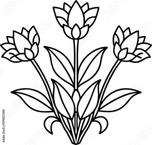 Black outline of three blooming lotus flowers and leaves with distinct edges