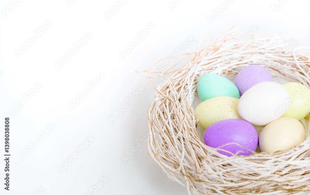 A nest filled with vibrant colored eggs resting on a clean white surface. A nest filled with vibrant colored eggs resting on a clean white surface.