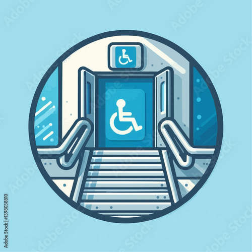 Accessible entrance with ramps and wheelchair symbol in circular design