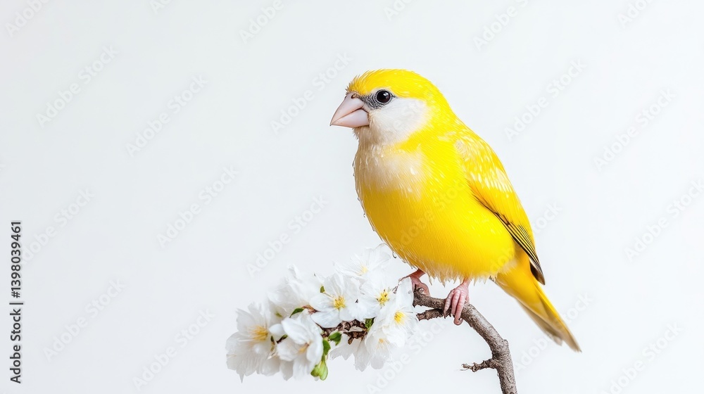 Yellow bird on spring blossom branch