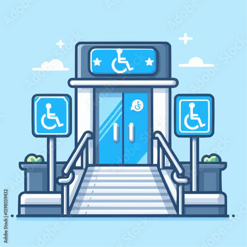 Accessible building entrance with ramps and signage for wheelchair users in colorful design
