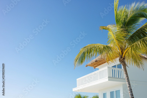 White villa with vibrant blue sky and a palm tree on a sunny summer day