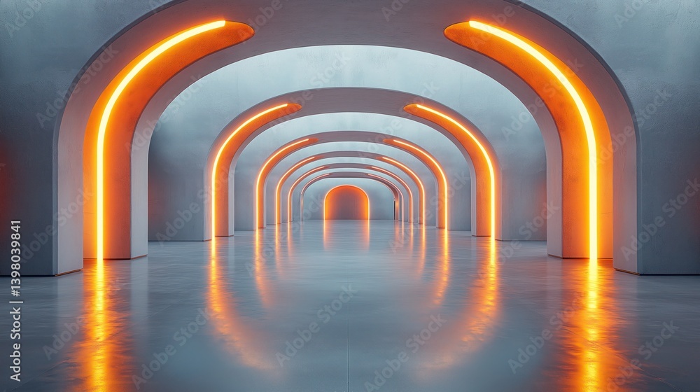Obraz premium Futuristic interior with glossy concrete surfaces and sci-fi lighting panels, modern tech background