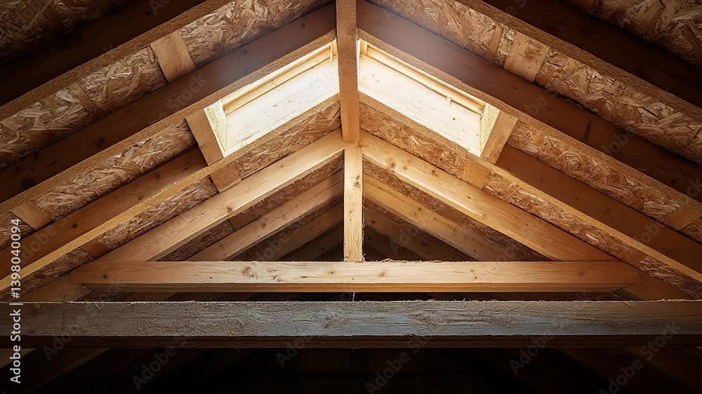 Wooden attic roof structure with skylight Wooden attic roof structure with skylight