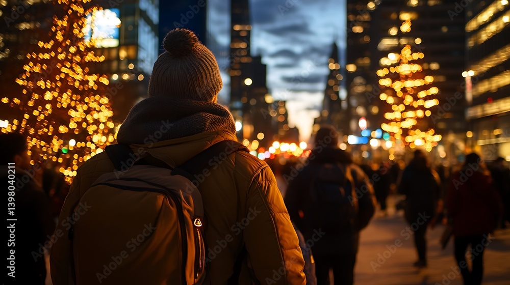 Obraz premium NYC Christmas Eve Lone Walker Amidst Festive Lights.