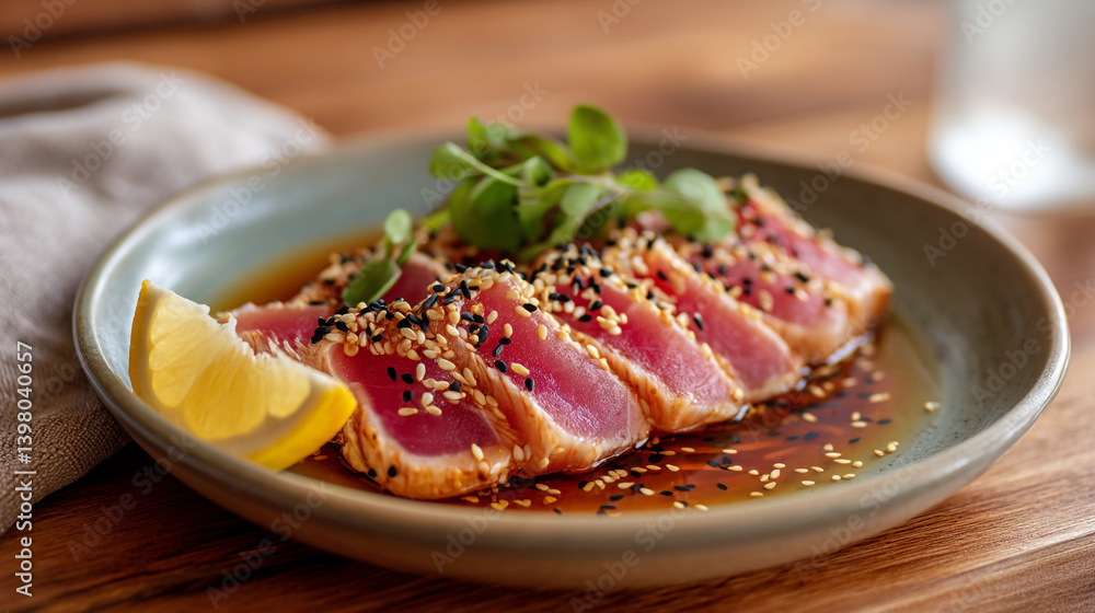 Seared tuna steak with sesame seeds and lemon wedge delicious gourmet food presentation on a plate
