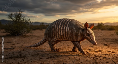 Wild armadillo in natural habitat during golden hour
