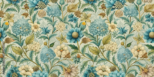 Intricate floral pattern featuring blue and cream blossoms on a soft background.