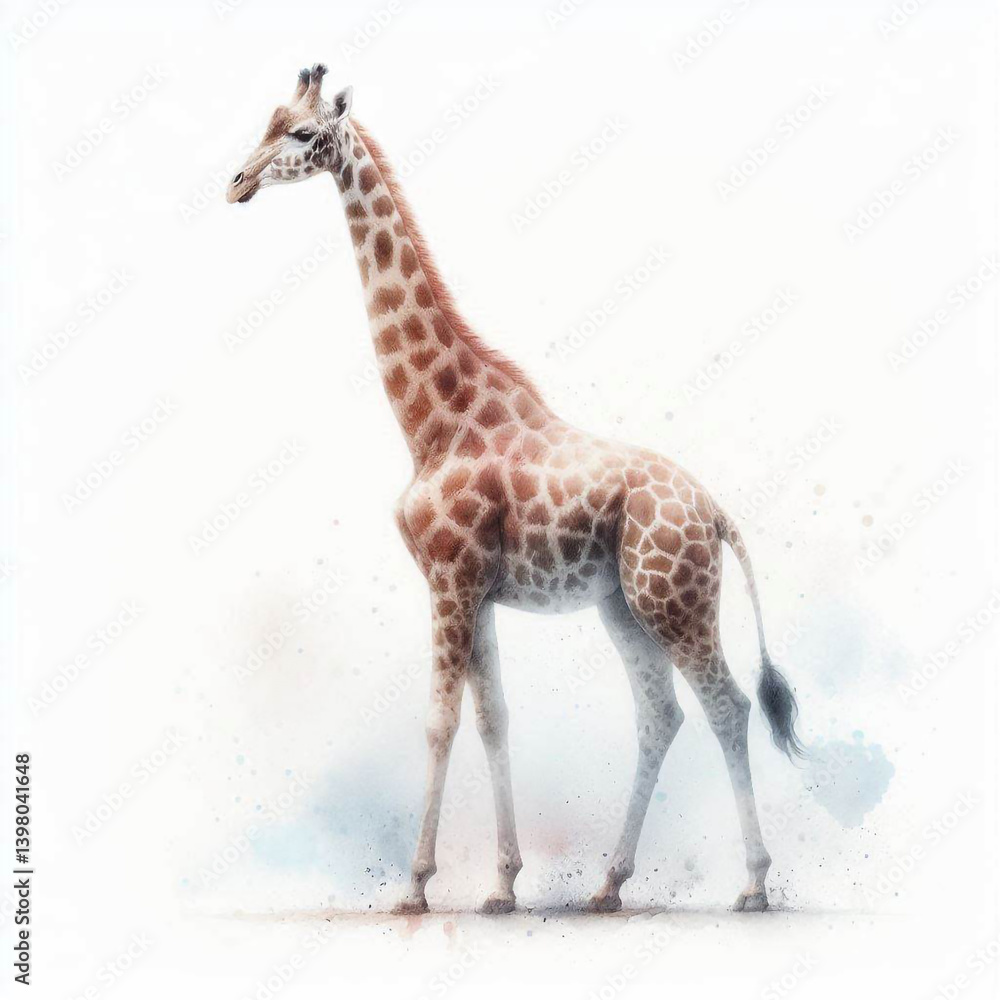 Naklejka premium Watercolor fullbody illustration of giraffe, isolated on white background, hand-painted animal art