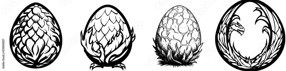 Intricate vector hand-drawn illustrations of mythical eggs with distinct designs symbolizing growth and transformation in nature Intricate vector hand-drawn illustrations of mythical eggs with distinct designs symbolizing growth and transformation in nature