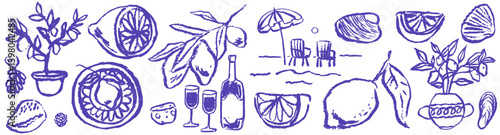 Lemon, wine and sea vacation chalk charcoal style drawings for poster, placard or print. Italian amalfi sicily style art hand drawn vector illustrations in grunge rough doodle sketch style elements.