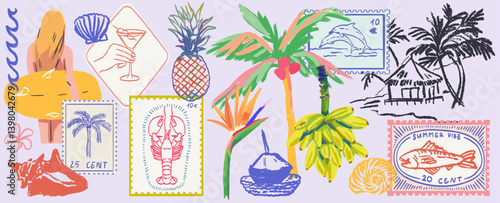 Hawaii or tropical style sea vacation hand drawn vector illustrations in mixed media collage style with doodle sketch stamp elements. Banana, palm tree vacation in marker style. Oil digital drawings.