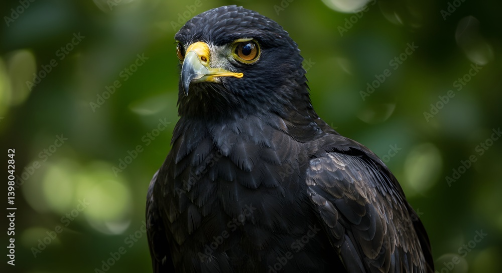 Black eagle with striking yellow beak in forest habitat Black eagle with striking yellow beak in forest habitat