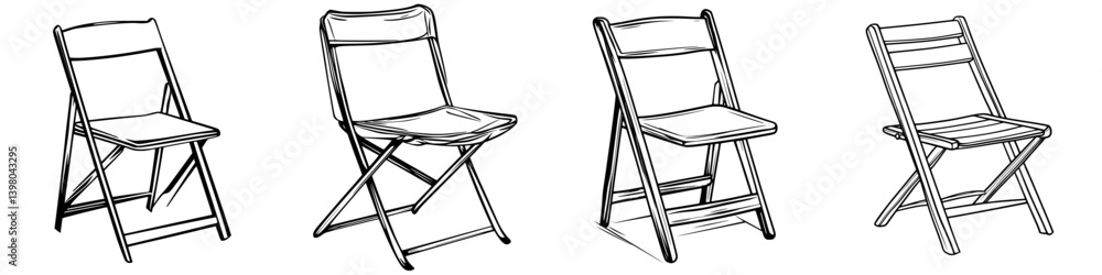Different styles of vector hand-drawn folding chairs showing various perspectives and designs suitable for artistic projects or decoration