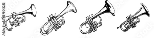 Obraz na płótnie Unique vector hand-drawn illustrations of different brass instruments showcasing artistic detailing and variety in design w salonie