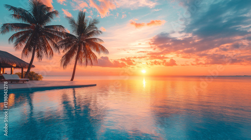 Tropical beach scene with waves and lush green leaves