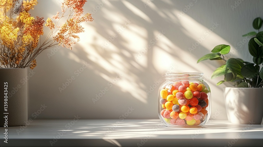 Naklejka premium Colorful round candies in a glass jar on a white wooden surface, with decorative plants and dried flowers in the background, bathed in sunlight.
